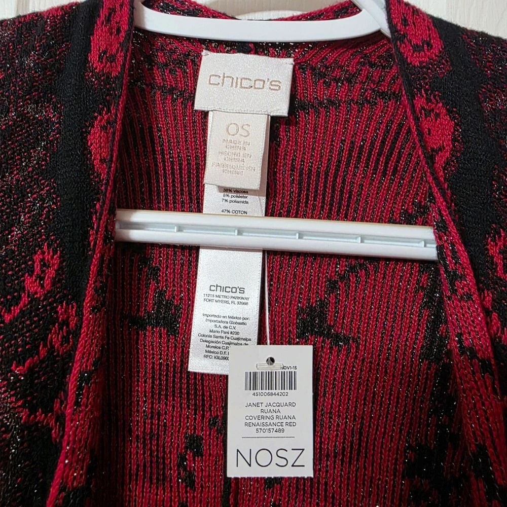 Chico's Women OS Ruana Red Janet Jacquard Paisley Metallic Wrap 570157489